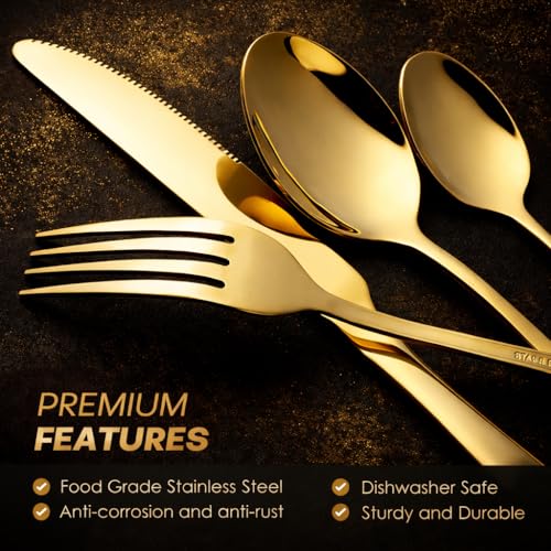 Chandler 24-Piece Gold Silverware Set for 6 with Wooden Storage Case, Stainless Steel 410 (18/0) Flatware Set, Mirror Polish Heavy Duty Cutlery Set – Knives, Forks, Spoons & Teaspoons, Dishwasher Safe