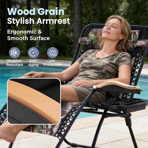 PHI VILLA XXL Oversized Padded Zero Gravity Chair Set of 2, Foldable Patio Recliner, 30" Wide Seat Anti Gravity Lounger with Armrest and Cup Holder, Support 400 LBS (Camouflage) - color: Camouflage, style: 2 Pcs
