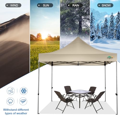 COBIZI 10x10 Pop Up Canopy Tent 10x10 Easy up Canopy, Heavy Duty Outdoor Canopy UPF 50+ All Weather Waterproof Instant Party Tents for Parties Gazebo with Handbag, Khaki(Windproof Upgraded) - color: Khaki, size: 10x10 Without Sidewalls
