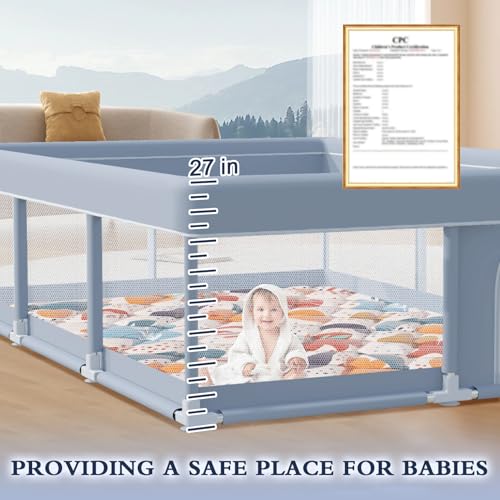 XVISHX 74 x 50 Inch Baby Playpen with Mat, Playpen for Babies and Toddlers, Baby Playard for Indoor & Outdoor Active Center Game Fence, with Skin-Friendly Fabric and Soft Breathable Mesh, Grey - size: 74 × 50 Inch+MAT