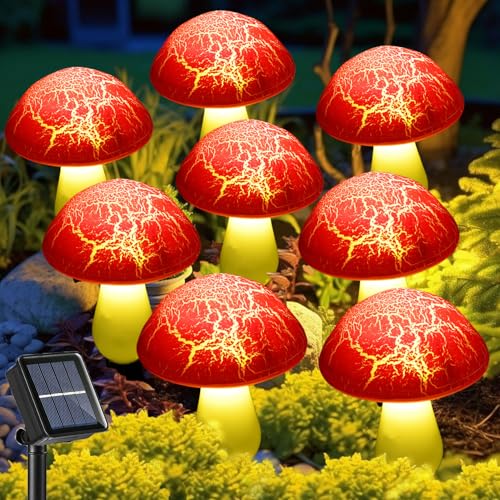 Solar Mushroom Lights Garden Decor 8 Red Crack Mushrooms Outdoor Decor Stake Lights, Waterproof Solar Pathway Light Gardening Gifts for Landscape Easter Gnomes Yard Halloween Christmas Decorations - color: Red