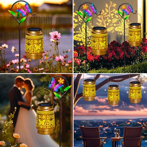 2 Packs Butterfly Solar Lanterns Outdoor Waterproof with Shepherd Hook,Garden Lights Butterfly Decor,Christmas Decorations Birthday Gifts for Women Mom,Hanging Solar Lights Decorative for Patio,Porch - style: 2 packs solar butterfly lanterns