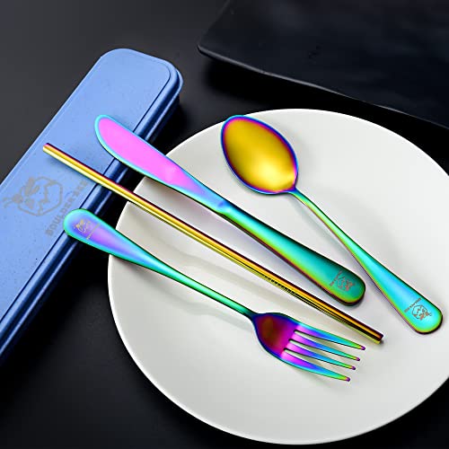 Boulder Bee | Travel Utensils Set | Reusable Camping Cutlery Set | Stainless Steel Flatware Set | Portable Silverware Set with Case | Includes Knife/Fork/Spoon/Straw/Cleaning Cloth/Case (Rainbow) - color: Rainbow