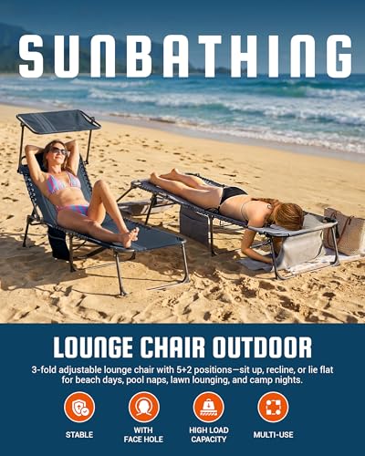 KingCamp Lounge Chair with face Hole & Canopy Shade, 400LBS Folding Portable Tanning Chair with face Hole, Adjustable 5-Position Foldable Beach Sun Tanning Chair for Outside Beach Patio Outdoor Pool - color: C*skyshade Canopy——blue/Grey Canopy, style: 400