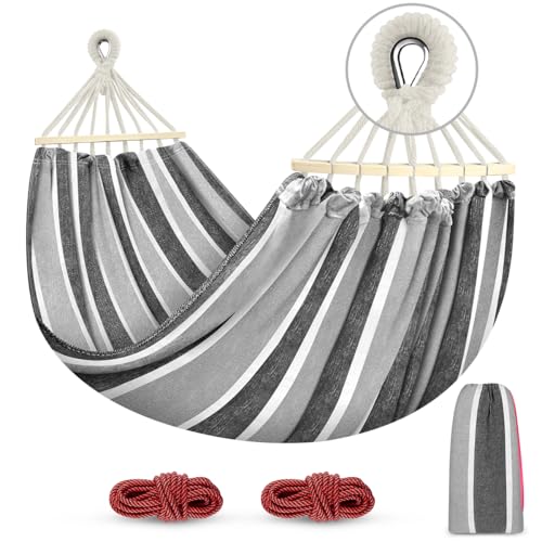 MOSFiATA Hammocks Portable Camping Hammock Upgraded 550lb Comfortable Fabric Hammock with Two Anti Roll Balance Beam and Sturdy Tree Straps for Camping, Patio, Backyard, Outdoor（Grey） - color: Grey