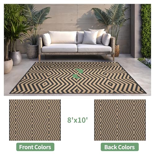 GENIMO Outdoor Rug for Patio Clearance, 8'x10' Reversible Plastic Straw Rugs, Lightweight Waterproof Modern RV Camping Mat for Camper, Balcony, Deck, Backyard, Picnic, Black Brown - color: Black&brown-x, size: 8' x 10' (Rectangular)