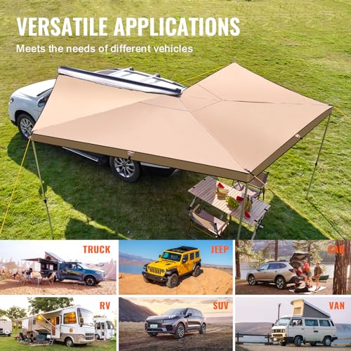 VEVOR 270 Degree Awning, Ultimate Sun Protection Vehicle Awning, Waterproof UV50+ Car Side Awnings with Carry Bag, All-Weather Free-Standing Overland Awnings Car Shelter for SUV Van Truck Camping - color: Khaki 270° 15.4*8.2ft Car Awning