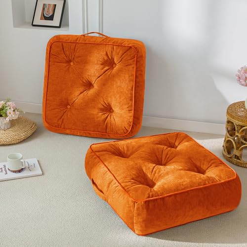 6" Extra Thick Floor Pillow Cushion for Adults, Meditation Cushion Pillow with Handle, Lustrous Chenille Tufted, Square Floor Sitting for Tatami Living Room or Yoga, 22x22 Inch, 2Pack, Orange - color: Square Orange, size: 6" Thick(pack of 2)