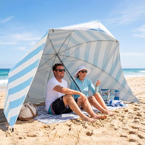 UPWELL Beach Tent Easy Set Up Canopy Sun Shelter Shade with UPF 50+UV Protection Portable Beach Umbrella Outdoor Sunwall with Sand Pockets for Fishing Backyard Camping(Sea Salt Stripe) - color: Sea Salt Stripe