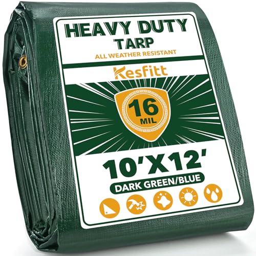 Kesfitt 16 Mil Heavy Duty Waterproof Tarp with Metal Grommets, Dark Green & Blue Reversible Poly Tarp, 10x12 ft, for Outdoor Protection, Yard, Garden, Farm, Camping & Equipment Coverage - color: 16mil-green/Blue, size: 10x12 ft