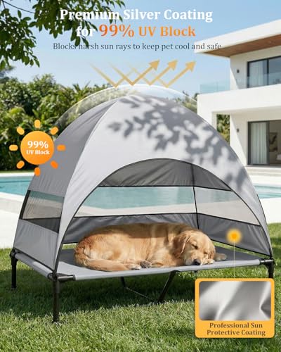 Elevated Dog Bed with Canopy - 3-Sided UV Protection Pet Tent with Wider Shade, Raised Cooling Outdoor Dog Cot with Breathable Mesh for Medium Large Dogs, Portable Bed for Camping, Patio (Grey, XL) - color: Grey, size: X-Large