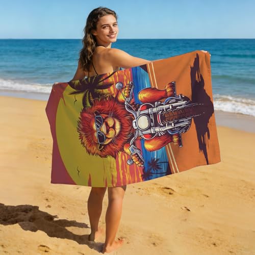Lion Beach Towel, Funny Lion Riding A Motorcycle Towel for Boys Kids Adults, Quick Dry Microfiber Animal Palm Tree Orange Sunset Towels for Swim Pool Bathroom Travel, Oversized 32x52 - color: Lion