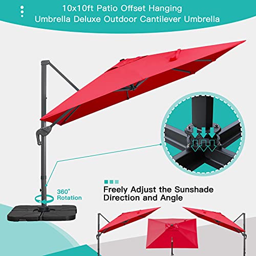 Sunnyglade 10x10Ft Cantilever Patio Umbrella Square Deluxe Offset Umbrella 360°Rotation & Integrated Tilting System Heavy Duty Patio Hanging Umbrella for Market Garden Deck Pool Backyard Patio (Red) - color: Red, size: 10 x 10 ft