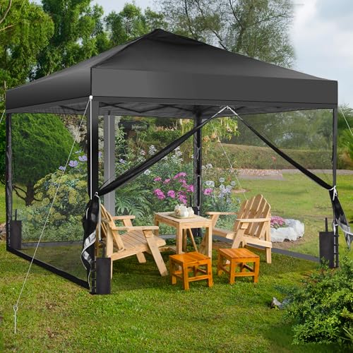 GDY 10x10 Pop up Canopy Tent with Mosquito Netting, Easy up Gazebo for Patio, Camping and Garden, Includes 4 Sandbags, Black - color: Black, size: 10x10 with Mosquito Netting