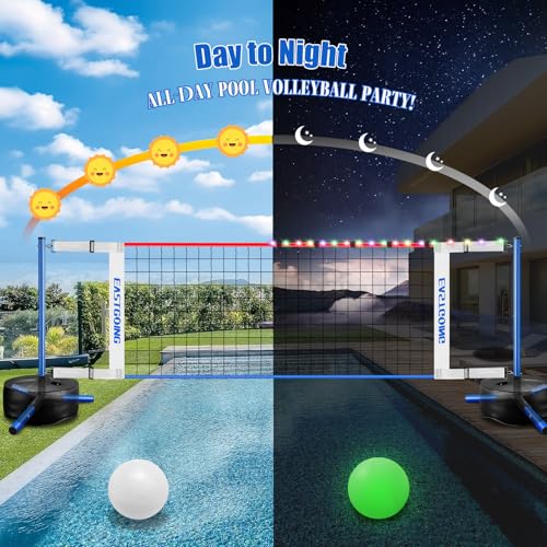 Eastgoing Pool Volleyball Net Set with Light,Adjustable Length 15-25FT，Swimming Pool Volleyball Net System with 2 Water Volleyballs and Heavy Duty Base.