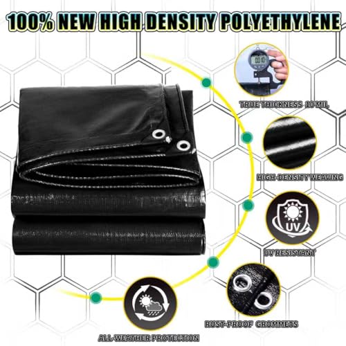Black Tarp 6x20 Feet, 10 Mil Thick Waterproof Poly Tarps Cover UV Resistant, Rip & Tear Proof with Metal Grommets Every 20 Inches - color: Black, size: 6x20 Ft