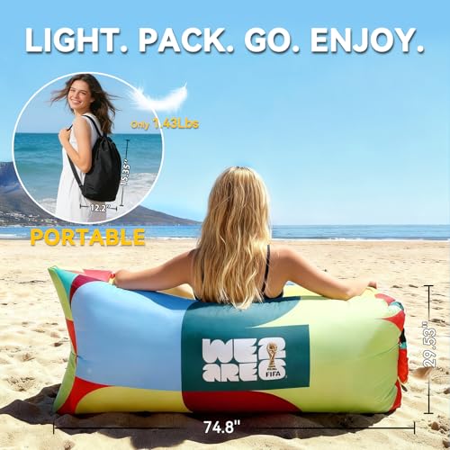 MESUCA FIFA World Cup 2026 Edition Inflatable Sun Lounger, Air Sofa, Blow Up Couch, 210T Polyester Inflatable Camping Chair is Ideal for Backyard, Beach, Travel, Picnics and Music Festivals FIFA - color: Fifa-multicolor