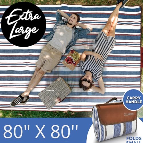 scuddles Extra Large Picnic Blanket 80 x 80 Inch, Waterproof Outdoor Mat with 3 Layer Soft Cushion, Foldable Compact Design with Carry Strap for Beach, Camping, Hiking, Parks and Travel Use - color: Navy