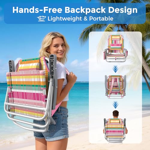 5-Position Backpack Beach Chair for Adults with Lumbar, Foldable Tall Heavy-Duty Beach Chairs with Cooler Bag,Cup Holder,Towel Rack for Beach, Camping, Outdoor (1, Rainbow Pink) - color: Rainbow Pink, size: 1 pack