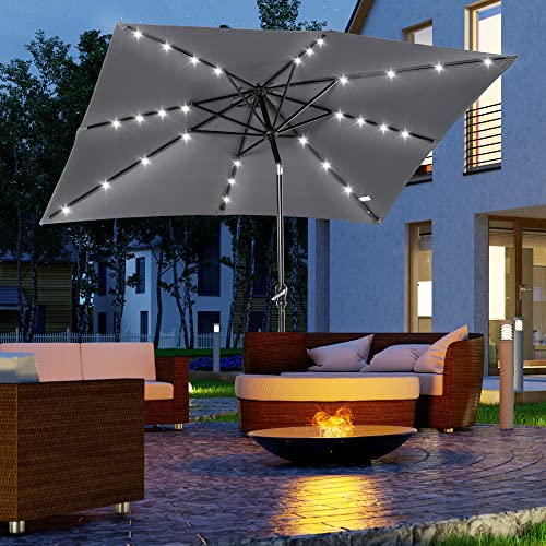 Outsunny 9' x 7' Solar Umbrella, LED Lighted Patio Umbrella for Table or Base with Tilt & Crank, Outdoor Umbrella for Garden, Deck, Backyard, Pool, Beach - color: Dark Gray