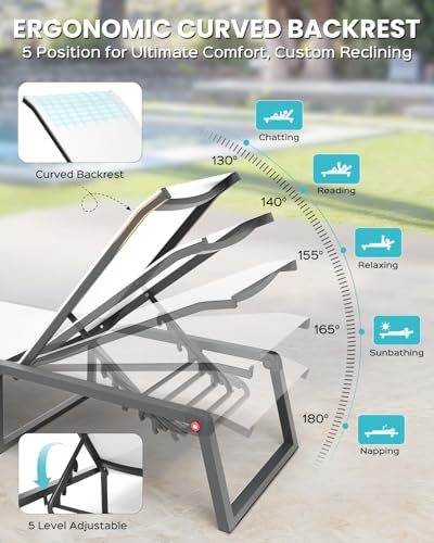 Aluminum Chaise Lounge Chair Outdoor, Foldable& No Assembly Patio Pool Lounge Chairs 5-Position Recliner for Outside, Fully Grounded Legs Sun Lounger for Poolside, Bright White - color: Bright White, size: 1