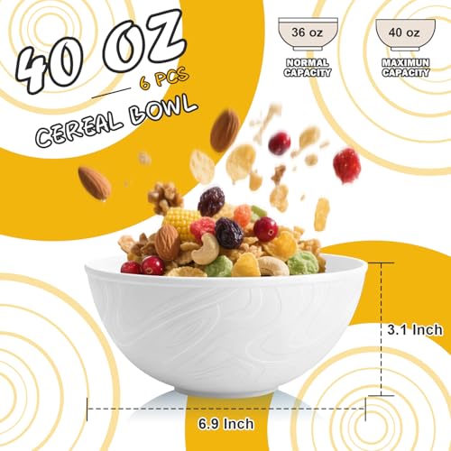 Wheat Straw Cereal Bowls 40 OZ, Unbreakable Bowls Set of 6, Microwave & Dishwasher Safe Bowl for Kitchen, Reusable Plastic Bowl for Cereal, Soup, Salad and Ramen, White - color: White, size: 40 Oz