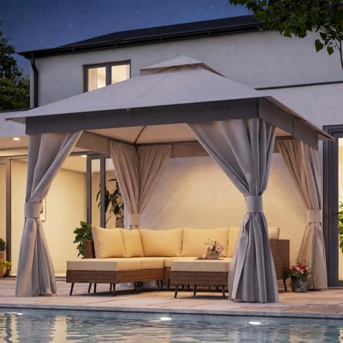 LAUSAINT HOME 10'x10' Outdoor Patio Gazebo, Heavy Duty Party Tent & Shelter with Double Roofs, Mosquito Nettings and Privacy Screens for Backyard, Garden, Deck (Grey) - color: Gray, size: 10'x10'