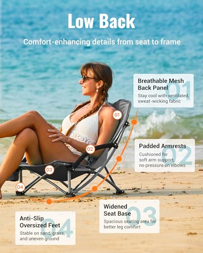 KingCamp Low Beach Chair, High Back Folding Camping Chair for Adults, Oversized Breathable Mesh Seat, 300lbs Heavy Duty Portable Chair with Cup Holder & Storage Pockets for Beach, Outdoor - color: Ergosolid C Grey
