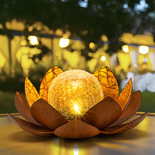 AIINY Solar Light Outdoor(2Pack), Art Crackle Globe Glass Lotus Decoration, Solar LED Waterproof Metal Flower Lights for Patio,Lawn,Walkway,Tabletop - color: Imitation Rust