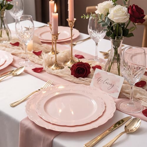 U-QE 100PCS Mauve Pink Plastic Plates - Heavy Duty Pink Disposable Plates for Mothers Day, Party, Baby Shower, Wedding - Serving 50 Guests Include 50PCS 10'' Dinner Plates & 50PCS 7.5'' Dessert Plates - color: Mauve Pink