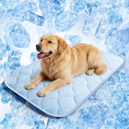 Dog Cooling Mat for Large Dogs, Long-Lasting Cool Pad for Dogs Outdoor & Indoor Use with Ice Silk Fabric & Waterproof Cover, Summer Cooling Pet Bed 36" x 26", Non-Slip Washable Pet Blanket - color: Blue Wave Stitching, size: Large