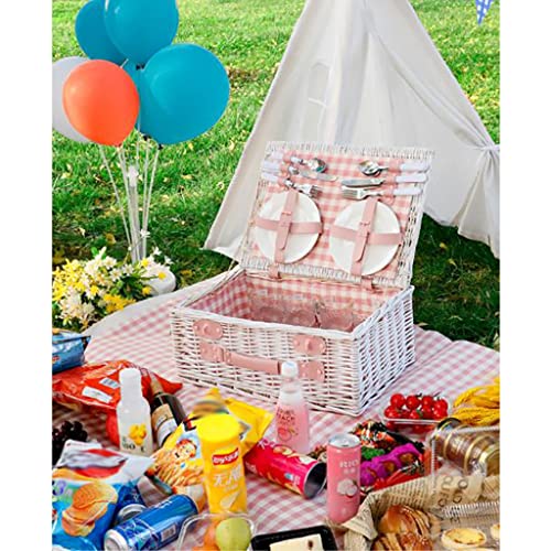 Stainless Steel Tableware Cutlery Set, Picnic Basket Natural Wicker Picnic Hamper Picnic Hamper Cutlery Set Insulated Wicker Flatware Set (Pink Grid 4 Person) - color: Pink Grid, size: 4 Person