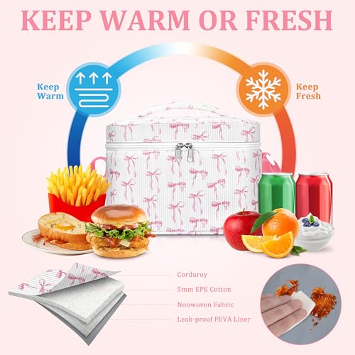 TESAFNG Insulated Lunch Bag for Women, Cute Corduroy Reusable Lunch Box for Adult, Leakproof Cooler Bag for Work Office Travel Picnic, Lunch Tote Bag with Adjustable Shoulder Strap (Pink Bow) - color: Pink Bow