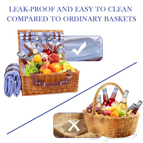 Neti Neti Wicker Picnic Basket for 4 with Insulated Cooler & Waterproof Blanket – Large Willow Picnic Hamper for Outdoor, Camping, Beach, Romantic Dates, Valentine’s Day - color: Blue Plaid