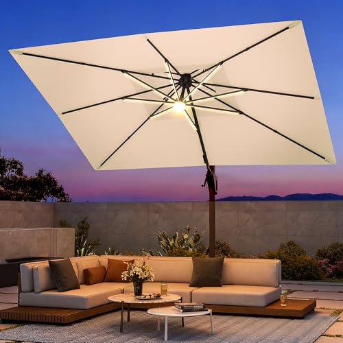 9 X 12 FT Cantilever Patio Umbrella with Led Lights and Base Included Heavy Duty Outdoor Double Top Large Rectangle Offset Umbrellas with 360-degree Rotation for Garden Pool Deck Backyard, Beige - color: Beige, size: 9' X 12'- Weighted Base Included(LED)