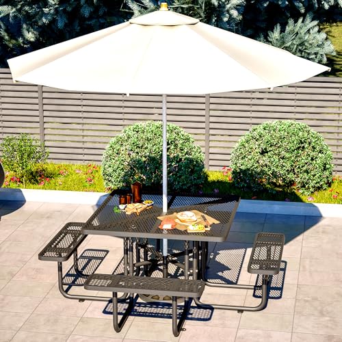 46" Square Metal Picnic Tables for Outdoors with Umbrella Hole - Coated Steel Heavy Duty Commercial Grade Table with Seats, Patio Furniture Set for a Lifetime, Black - color: Black-square