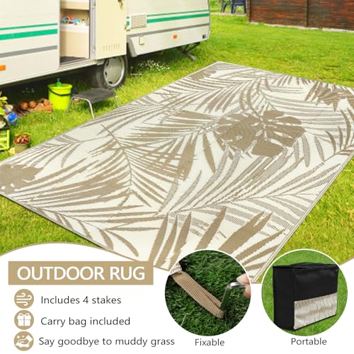 Outdoor Rugs 9x12 for Patios Clearance Brown Waterproof Outdoor RV Camping Rug Tropical Plastic Straw Rug Reversible All Weather Outdoor Carpet (Brown) - color: Brown & Beige, size: 9' x 12'