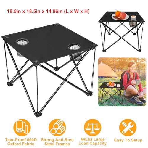 Foldable Camping Table Portable Beach Table Lightweight Picnic Table with Carry Bag Cup Holder Outdoor Travel Desk for Camping Hiking Picnics BBQs Beach Trips (Black)