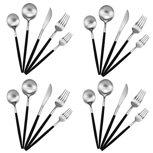 20-Piece 18/10 Stainless Steel Flatware Silverware, Luxury Dinnerware Set Travel Cutlery Tableware Include Knife Fork Spoon Service for 4, Dishwasher Safe (Black Handle Matte Silver) - color: Black Handle Silver, size: Service for 4