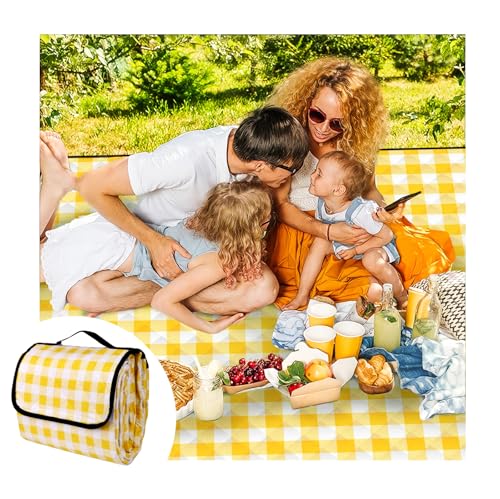 CUNCUI Picnic Outdoor Blankets, Extra Large 79x79in Beach Blanket, Thick 3-Layers Camping Waterproof Mat for Camp Hiking Park, Portable Foldable Rug for Family-Yellow, Sandproof & Machine Washable - color: Yellow