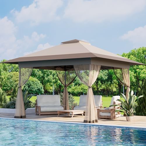 Bezseller 13x13 Pop Up Gazebo with Mosquito Netting – Easy 1-Person Setup, Water-Resistant Backyard Canopy for Family Patio & Garden Use,Khaki - color: Khaki, size: 13"x13"