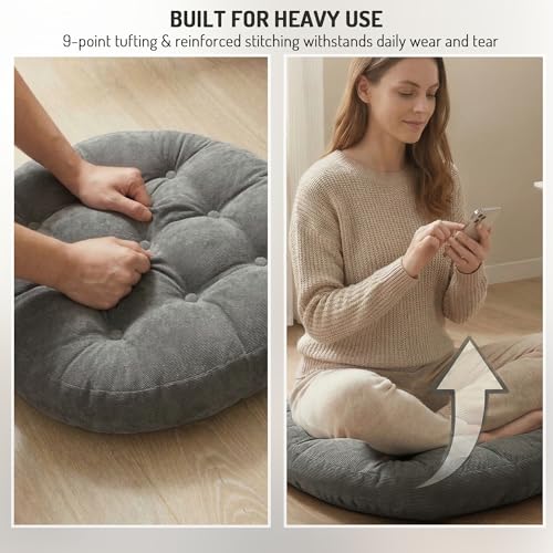 Degrees of Comfort Meditation Floor Pillow, Round Large Pillows Seating for Adults, Tufted Corduroy Cushion for Tatami Living Room, Grey, 22 Inch - color: Round | Grey | 1 Pack, size: 1 Pack
