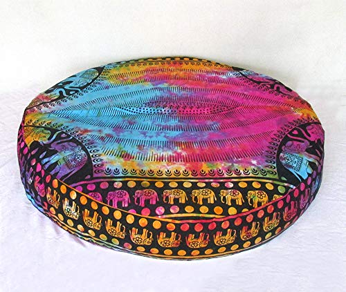 ICC Large Hippie Mandala Round Floor Pillow Cover Ottoman Pouf Cover Daybed Oversized Cotton Cushion Cover with Heavy Duty Zipper Seating Ottoman Poufs Dog-Pets Bed (Multi UP Elephant, 35" Round) - color: Multi Up Elephant, size: 35" x 35" (Pack of 1)