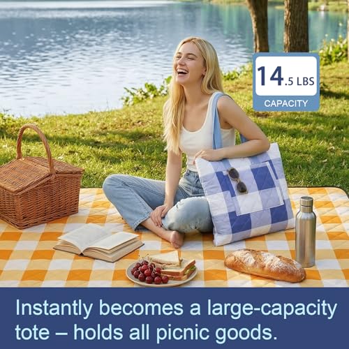 2 in 1 Tote Picnic Blanket Waterproof Outdoor Camping Mat,Large Capacity Beach Blanket 80''x80'' 7 Layers Easy to Foldable and Carry. - color: Bluecheck