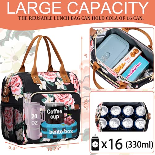 TuErCao Lunch Box for Women Adult Insulated Lunch Bag for Female Teacher Nurse Mom, Fashion Ladies Lunch Tote Bag for Work, Peony - color: A7: Romantic Peony, size: Large