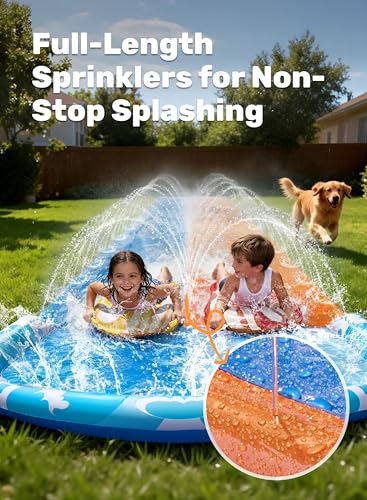 JOYIN 32.5FT Water Slide and 2 Inflatable Boards, Extra Long Double Lawn Heavy Duty Splash Mat Pad with Sprinkler for Kids Adults Backyard Summer Water Toy Outdoor Fun, Blue, Orange - color: Blue, Orange, size: 32.5ft