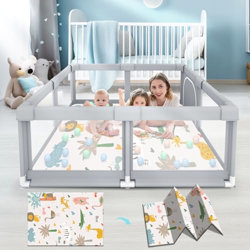 Fshibila Baby Playpen with Mat, Baby Playpens for Babies and Toddlers, BabyFence Play Pen for Indoor & Outdoor, Sturdy Safety Play Yard with Soft Breathable Mesh, 50 * 50 * 27 inches Grey - color: Grey, size: 50 x 50 IN+MAT