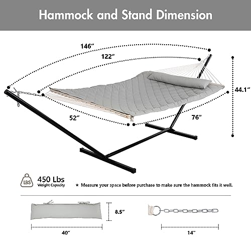 ANOW Double Rope Hammock with Stand 12FT, Heavy Duty Hammock with Polyester Pillow and Pad, 450 LBS Weight Capacity, Light Grey - color: Light Grey, size: With Stand
