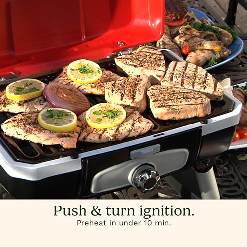 Cuisinart Petite Gourmet Portable Gas Grill, Compact Portable Grill Propane, 150 Sq. In. Cooking Surface, 5,500 BTU Burner Small Gas Grills for Camping, BBQ, Folding Legs and Carry Handles, Red - color: Petit Gourmet Tabletop Gas Grill, Red