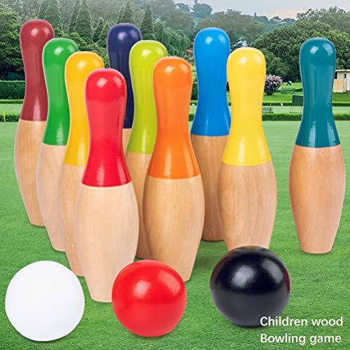 Wooden Bowling Game, Garden Game Set with 10 Pins 3 Balls and Mesh Bag for Kids Adults, Indoor Outdoor Lawn Backyard Activity